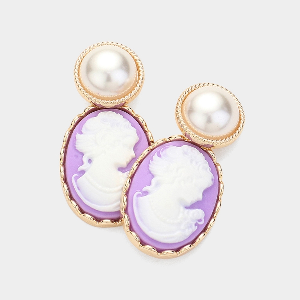 Gold Purple Pearl Cameo Pendant Dangle Earrings Oval Coin Charm Lady Womans Drop